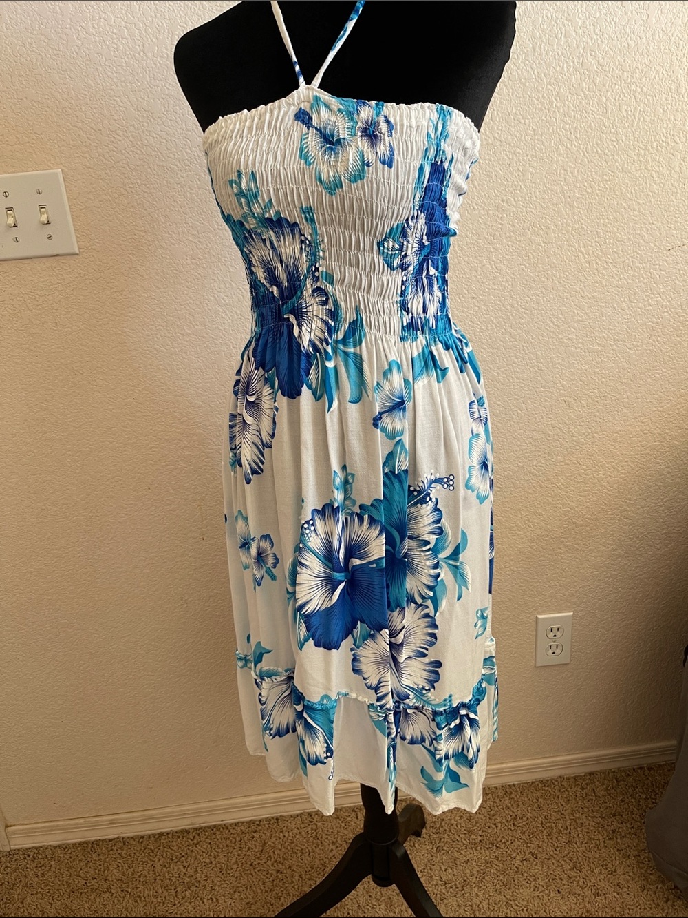 White & Blue Floral Smocked Sundress
